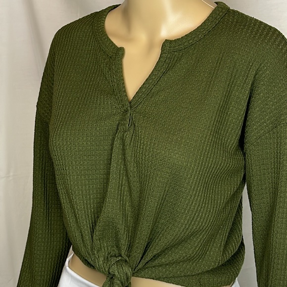 Rebel Society Waffle Knit Tie Front Top. Long Sleeve. Olive Green. Size Small. - Picture 2 of 8